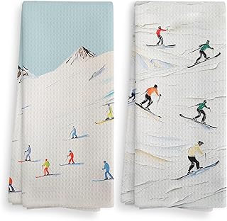 NOQL Winter Skiing Skier Kitchen Towels and Dishcloths Set of 2, Ski Skiing Gifts for Skiers, Ski Christmas Ornaments Decor, Winter Drying Cloth Hand Towels Tea Towels for Bathroom Kitchen, 16×24Inch product image
