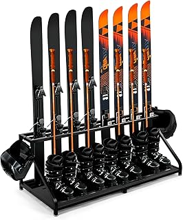 Freestanding Ski Storage Rack – Inclined Design, No Tipping Over, for 8 Pairs Ski, 4 Pairs Ski Boots, 2 Helmets, 6 Separate Pole Fixed Buckles, for Garage, Shed, Basement, 240LB. product image