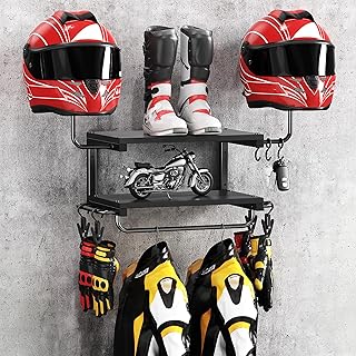 Motorcycle Helmet Holder Wall Mount, 2-Tier Helmet Rack with 2 Hat Stands, Motorcycle Accessories Gear Storage Organizer Display for Men Jackets, Caps in Garage, Living Room (Black) product image