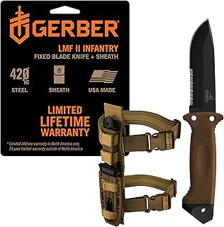 Gerber Gear LMF II Infantry Survival Knife, Made in USA Military Grade Tactical Fixed Blade with Serrated Edge, Shock Absorbing Handle, Molle Sheath and Sharpener, Coyote Brown product image