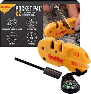 Smith’s 50364 Pocket Pal X2 Sharpener & Outdoors Tool – Yellow – Coarse and Fine – LED Light – Fire Starter – Signal Whistle - Compass product image