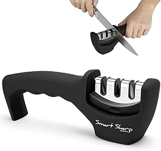 Lantana Knife Sharpener 'Smart Sharp' - Professional 3 Stage Manual Sharpener for Sharpening Kitchen Knives - Ceramic Stone, Tungsten Carbide Plates, Diamond rods. Ergonomic Design, Black/Chrome product image