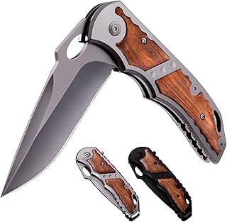 Pocket Knife for Men - 5Cr15MoV Sharp Folding Blade with Wood Handle - Best Durable Knives for EDC Camping Survival Work Outdoor - Mens Gifts Idea for Dad Husband Boyfriend Stepdad - Silver 97010 product image