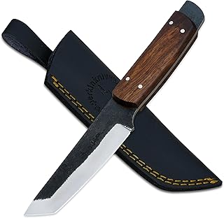 Perkin PK800 Fixed Blade Hunting Knife with Leather Sheath – 7.75” Full Tang 1095 Steel Tanto Blade, Walnut Wood Handle – Bushcraft, Camping, Fishing & Survival Knife for Outdoor product image