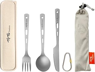 TiTo Titanium Cutlery Set Outdoor Camping Ultra Lightweight Tableware Spoon Knife Spork for Backpacking, Hiking, Travel, Home with Box and Cloth Bag (3pcs set) product image