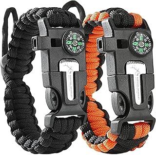 ELK Paracord Survival Bracelets - 2 Pack, Adjustable Size, Loud Whistle, Fire Starter - Ideal for Outdoor Enthusiasts, Hiking, Camping, Fishing, and Hunting (Black and Black+Orange) product image
