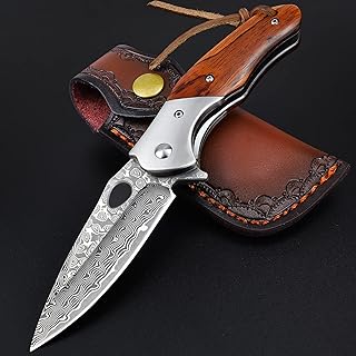 KOMWERO Damascus Pocket Knife for Men, VG10 Core Damascus Steel Folding Knife with Wood Handle, Ball Bearing, Thumb Hole, Liner Lock, Sheath for EDC Outdoor Survival Hunting product image
