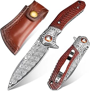 VALKNUT Damascus Pocket Folding Knife with Clip, Damascus Steel with Leather Sheath Wood Handle product image