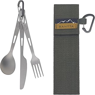 SANTTA Titanium Camping Utensils, Ultra Light Spoon Fork Knife 3 Piece Set, Cutlery Set with Pouch and Carabiner for Outdoor Camping, Hiking, Backpacking, Hiking, Picnic and Travel product image