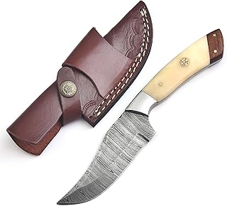 8.25" Handmade Damascus Hunting Knife – Fixed Blade Skinning Knives with Bone Handle & Leather Sheath – Custom Outdoor Knife Use As Survival Knifes, Camping Knives, Fishing Knifes & For Bushcrafting product image