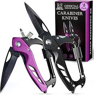 2-Pack Outdoor Carabiner Multitool, Carabiner Knife, EDC Pocket Knife Survival Gear with Glass Breaker (Black/Pink) product image