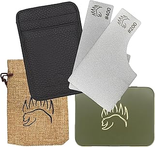2X Dual Grit Diamond Sharpening Stone + Leather Wallet Strop | By The Bear Essentials | Pocket Credit-Card Sized Field Sharpener for Camping, Bushcraft, Outdoors, Survival, EDC - Dark Brown product image