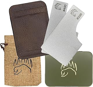 2X Dual Grit Diamond Sharpening Stone + Leather Wallet Strop | By The Bear Essentials | Pocket Credit-Card Sized Field Sharpener for Camping, Bushcraft, Outdoors, Survival, EDC - Light Brown product image