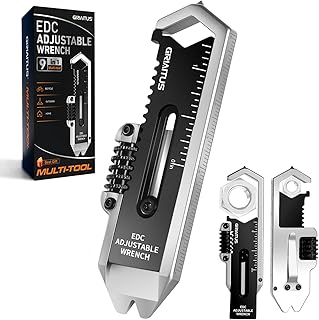 Small Multitool Wrench 9 in 1 Pocket Adjustable Wrench for Screw with Mini Pry Bar Nail Puller Keychain Tool Caliper Measuring Ruler Glass Breaker EDC Gadget Survival Gear for Men Cycling Hiking product image