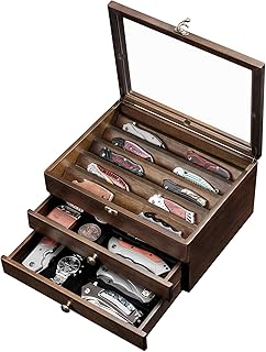 Knife Display Case, Knife Collection Display Holder with Glass Lid, 3-Layer Wooden Pocket Knife Case with Drawers product image