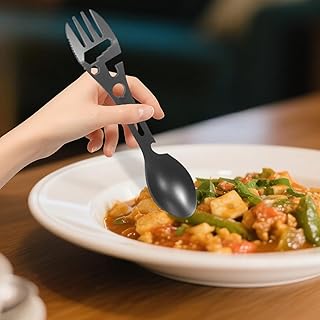 10-in-1 Multifunction Camping Spork - Stainless Steel Survival Tool with Bottle Opener, Can Opener, Knife, Wrench, and Compass for Hiking, Picnic, and Outdoor Adventures product image