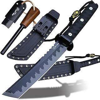 BA-KOR 15.8in Full Tang Japanese Style Outdoor Knife –8mm DC53 Steel, Nylon Fiber Handle &Sheath, Hunting Survival Knife+(5.9in) cerium igniter (Black handle and black blade (8mm)) product image