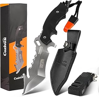 Emergency Knife,4.14" Sharp Blade Survival Knife with Leather Sheath,Saw,Survival Whiestle,Knife Sharpener,Glass Breaker for Camping, Hiking, Survival Tactical Men & Women Gift product image