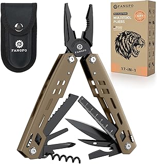 Multitool 17-in-1 Stainless Steel Multi Tool with Pocket Knife Needle Nose Pliers Bottle Opener Screwdriver Self-Locking Professional Multi-Tool for Outdoor Survival Gifts for Men(Brown) product image
