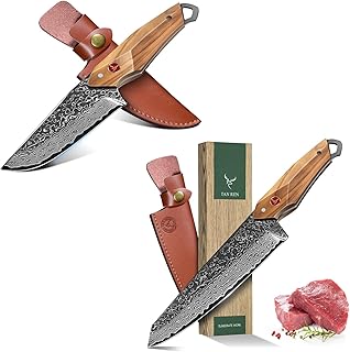 TAN REN Damascus Chef Knife 6 inch and Damascus Fixed Blade Knife, Outdoor Survival Knife with Sheath product image