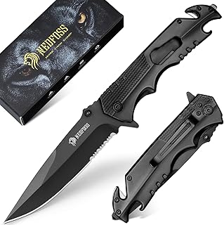 NedFoss Serrated Tactical Pocket Knife for Men, 6-in-1 Folding Knife with Liner-Lock, Bottle Opener, Glass Breaker, Seatbelt Cutter and Wrench, Aluminum Handle, Survival Knife for Hunting, EDC product image