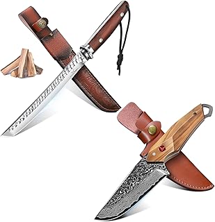 TAN REN 8.3 Inch Tanto Knife Fixed Blade Bundle with Damascus Outdoor Survival Knife product image