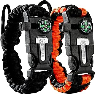 Atomic Bear Paracord Bracelet (2 Pack) - Adjustable - Fire Starter - Loud Whistle - Perfect for Hiking, Camping, Fishing and Hunting - Black & Black+Orange product image