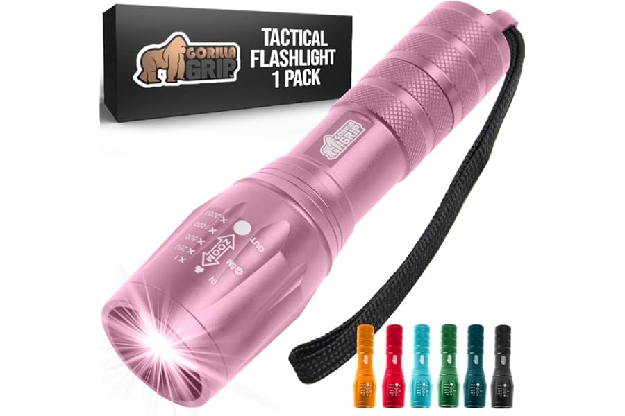 GORILLA GRIP Powerful LED 750 FT Water Resistant 5 Adjustable Mode Tactical Flashlight, High Lumens Ultra Bright Battery Life Zoom Flashlights, Small Camping Car Mini Flash Light Accessories, Pink product image
