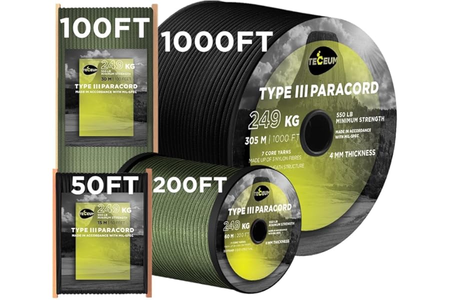 TECEUM 5/32" Paracord Rope 1000 – 1000 футов / 200 футов / 100 футов / 50 футов – Тактический парашютный шнур 4 мм – Более 45 цветов – Нейлоновая веревка для выживания и кемпинга – Полосатый шнур для выживания – Универсальная веревка