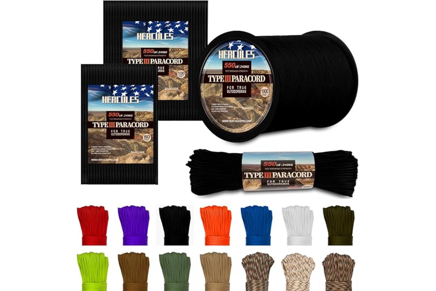 HERCULES Type III Paracord 550 Паракордная веревка Парашютный шнур, 50 футов, черный, для выживания, шнур для выживания