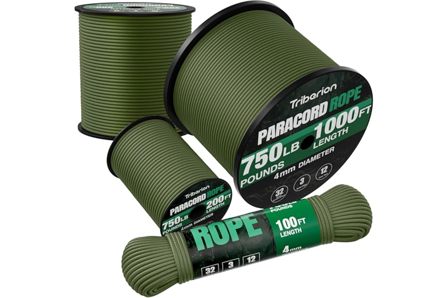 TRIBERION Paracord Rope 750 lb - 1000 футов / 500 футов / 200 футов / 100 футов 5/32" парашютный шнур 4 мм 12-прядный парашютный шнур - прочная катушка для выживания, кемпингового снаряжения, браслета выживания, бельевой веревки