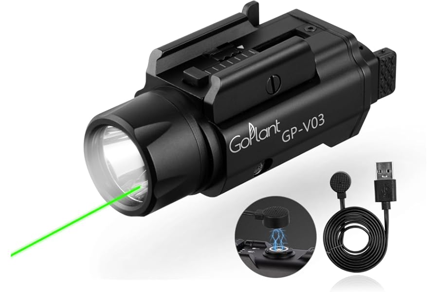 GOPLANT 1750 Lumens Weapon Laser Light Combo - Adjustable Rail LED Light and Green Laser Flashlight, Aircraft-Grade Aluminum, Magnetic Rechargeable Strobe Tactical Flashlight for Picatinny or GL Rail product image