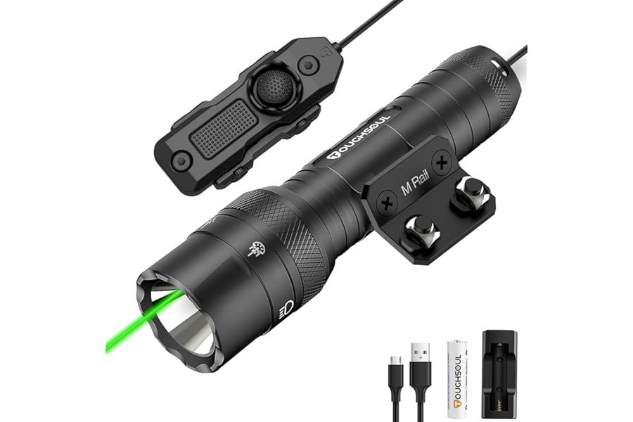 TOUGHSOUL M-Rail Green Laser Tactical Flashlight 1250 Lumens, Rechargeable Flashlight with Remote Pressure Switch LED Light with Rechargeable Batteries and Charger Included (M-Rail-Light+Laser) product image