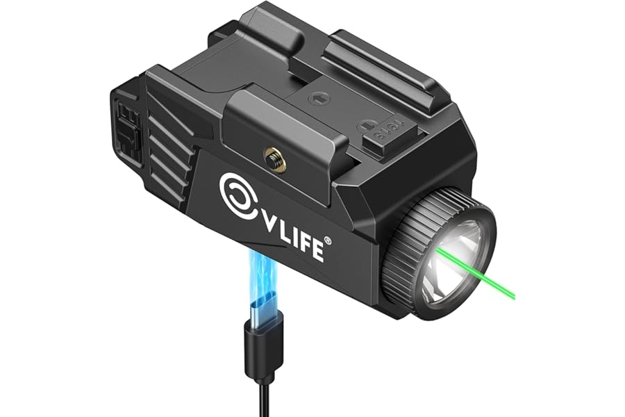CVLIFE 600 Lumens Pistol Light Laser Combo - Rechargeable Slide Rail Gun Light Compatible with Glock and Picatinny Rail. Pistol Flashlight with Green Laser for Home Defense product image