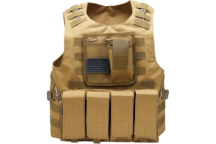 Redemption Tactical Airsoft Vest for Adults and Kids w/US Flag Patch and Pouches (brown, small-large) product image