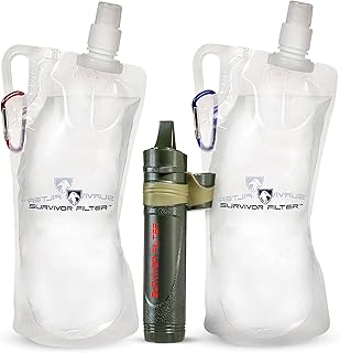 Survivor Filter Squeeze Kit – Emergency Water Straw with 2 Collapsible 33.8 fl oz Bottles – USA-Tested – 0.05 Micron Filtration – Portable Outdoor Water Filter for Camping & Hiking – No Expiration product image