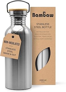 Bambaw Stainless Steel Water Bottles 32 oz, Non-insulated Single Wall Metal Water Bottle Stainless Steel, Reusable & Eco Friendly, Dishwasher Safe – Silver | Non-insulated, Single Wall, Metal Water Bottle, Reusable, Eco Friendly, Dishwasher Safe product image