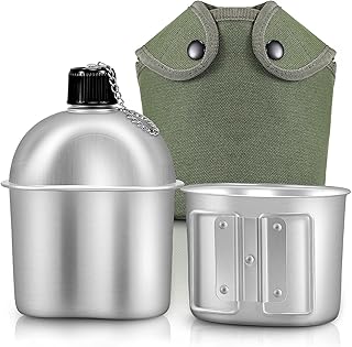 Military Canteen Cookware Set Include 1 QT Military Army Aluminum Alloy Canteen 0.5 QT Multi-Functional Water Bottle with Grab Handled Cup Green Canvas Cover Bag for Outdoor Camping Hiking product image