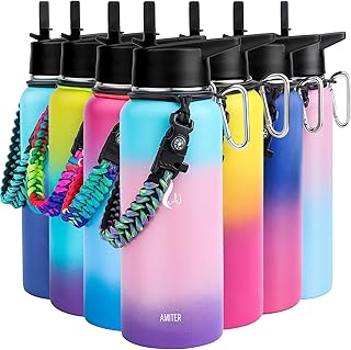 AMITER Insulated Bottle with Straw & Spout Lid, Wide Mouth Stainless Steel Water Bottles with Paracord Handle - 22oz product image