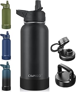 CIVAGO 32 oz Insulated Water Bottle With Straw, Stainless Steel Sports Water Cup Flask with 3 Lids (Straw, Spout and Handle Lid), Wide Mouth Travel Thermal Mug, Black product image