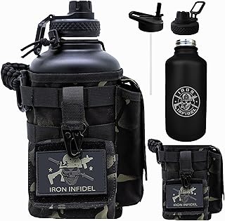 Iron Infidel Battle Bottle - Half Gallon Insulated Water Bottle with Paracord Handle - Large 64 oz Stainless Steel Water Jug & Rugged, Removable Sleeve For Keys, Wallet, Phone (Black Camo 2 Liter) product image