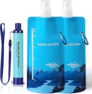 Membrane Solutions Squeezable Water Filtration System, Survival Water Purifier Kit, Portable Backpacking Gear Including Water Filter Straw and 23oz Collapsible Bottle for Hiking Camping Travel(1+2) product image