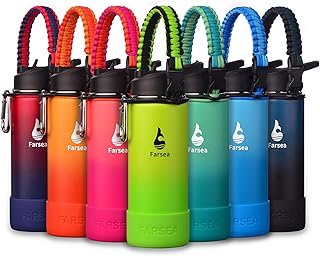 Farsea Insulated Water Bottle With Paracord Handle, Protective Silicone Boot and 2 Lids (Straw Lid & Spout Lid), Stainless Steel Water Bottle Wide Mouth, Double Wall Sweat-Proof BPA-Free, 18 oz product image