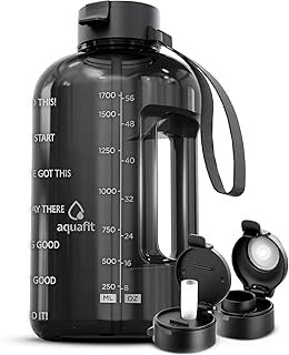 AQUAFIT Half Gallon Water Bottle with Time Marker - Straw & Chug Lid - BPA Free Gym Water Bottle with Straw - Big Gallon Jug (Gray, 64 oz - 2 Lids) product image