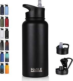 HASLE OUTFITTERS 32 oz Insulated Water Bottle Stainless Steel Double Walled Vacuum Sports Water Bottle with 2 Lids (Straw and Spout Lid) for Gym Camping Hiking(Black,1) product image