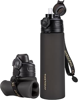TakeToday Collapsible Water Bottles 21oz (600mL), Foldable Platinum Silicone Travel Water Bottle with Straw & Carry Strap, Leak-Resistant Screw Lid, Wide Mouth, BPA-Free for Hiking, Camping, Travel product image