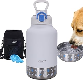 GiNT 37oz Insulated Stainless Steel Dog & Human Water Bottle, All-in-1 Travel Dispenser with Detachable Bowls & Carrying Case, Leak-Proof Pet Canteen for Walking, Hiking, Camping, Car (White) product image