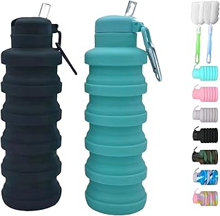 Collapsible water bottles 2 Pack with brush,BPA Free Travel Silicone Water Bottle with Carabiner,Reusable Foldable Portable Lightweight Sports bottles for Gym Camping Hiking (Black+Aqua blue) product image