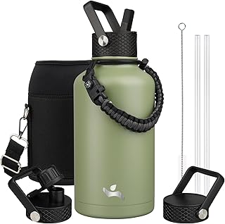 Half Gallon Insulated Water Bottle with Straw,64 oz 3 Lids Water Jug with Carrying Bag,Paracord Handle, Double Wall Vacuum Stainless Steel Metal Flask,Camp Green product image