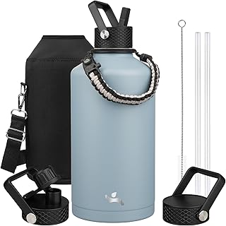 Konokyo Gallon Insulated Water Bottle with Straw,128 oz 3 Lids Water Jug with Carrying Bag,Paracord Handle, Double Wall Vacuum Stainless Steel Metal Flask,Storm Blue product image